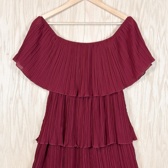 Entro Gala Pleated Off The Shoulder Ruffle Midi Dress Wine Red - Picture 6 of 9